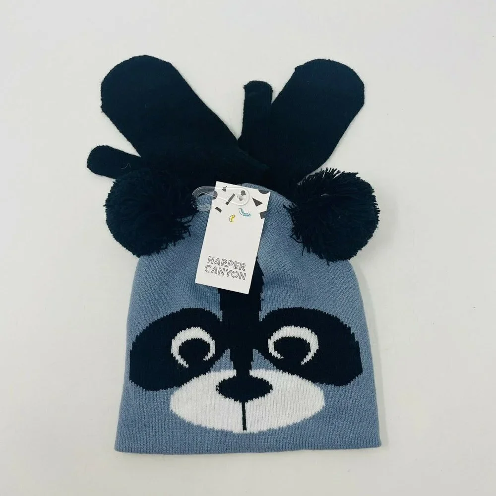 Harper Canyon Unisex Toddler One Size Raccoon Pom Pom Beanie Hat and Mittens 182